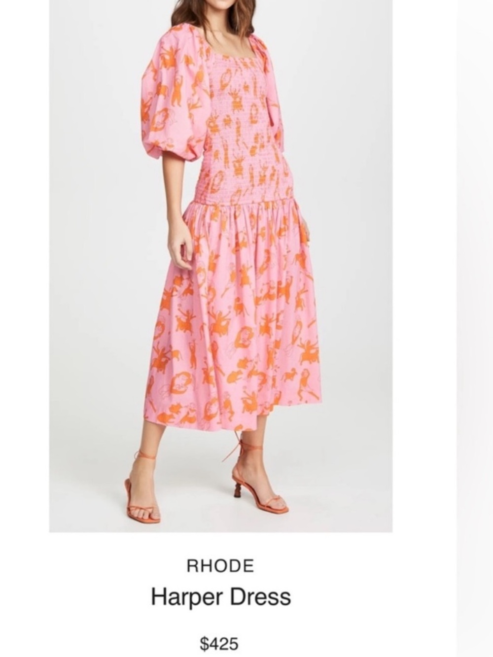 RHODE Pink with Orange Floral-Print Midi Dress L